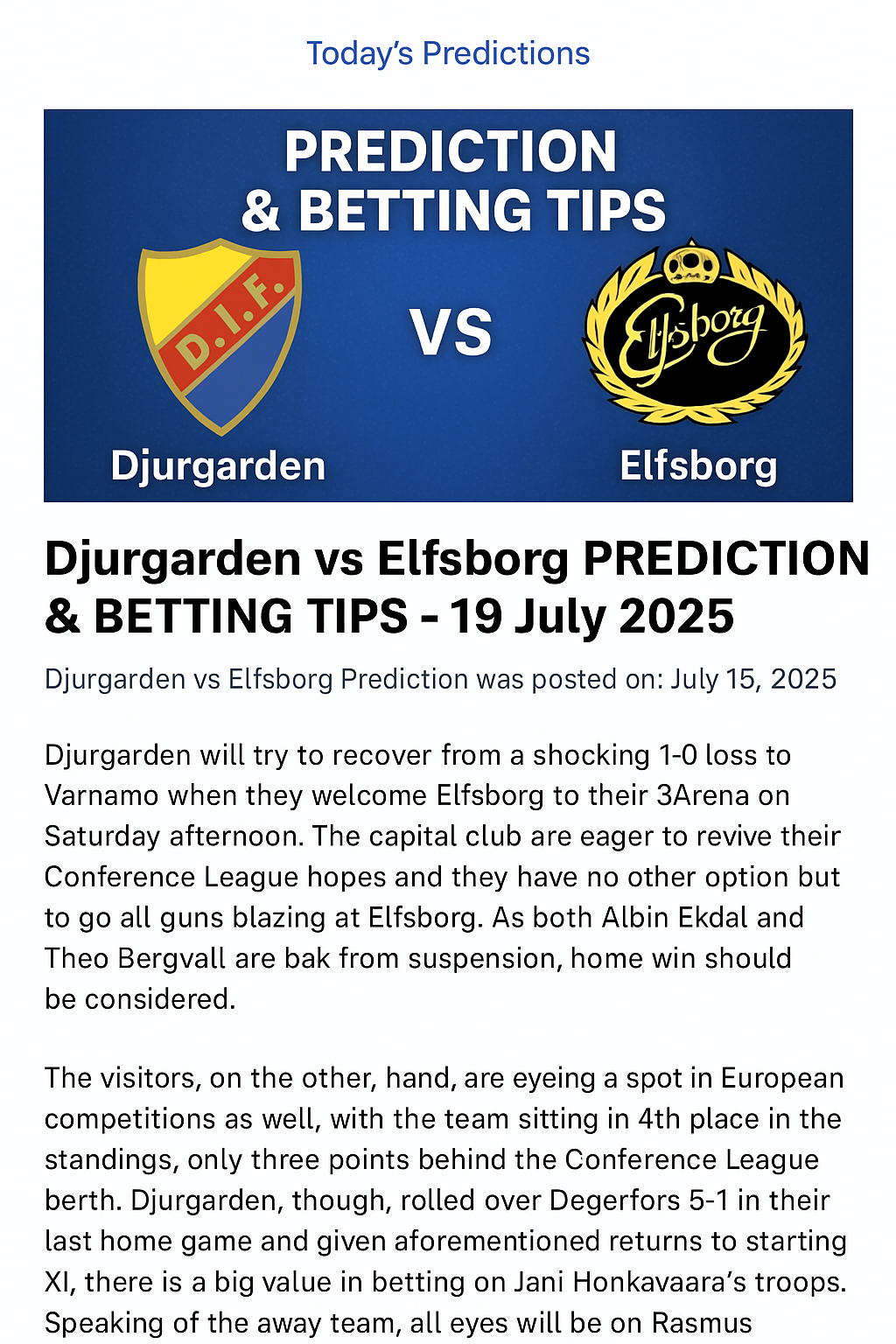 Djurgarden vs Elfsborg Prediction & Betting Tips – 19 July 2025 | Allsvenskan Football Preview