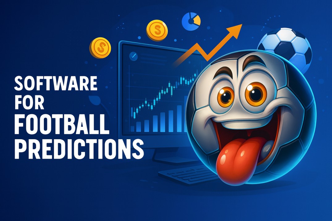 Software for football predictions with a cartoon character and sports graphics on a blue background