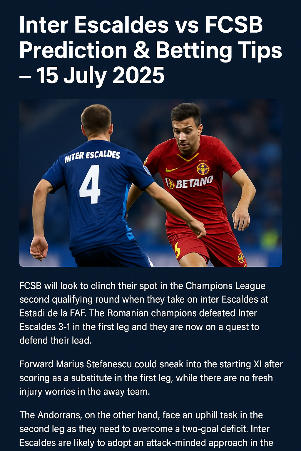 Inter Escaldes vs FCSB Prediction 2025: Accurate Betting Tips