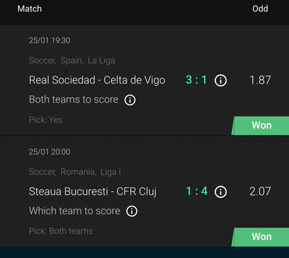 Match results and odds displayed on a sports software app interface.