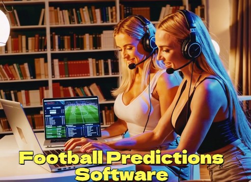 Two women with headsets using a laptop in a library setting, with text 'Football Predictions Software'.