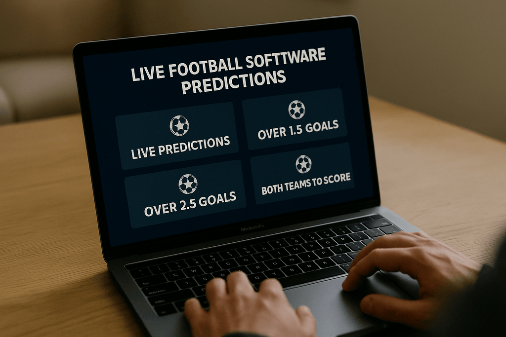 4Football Predictions software on a laptop showing live football predictions and betting options