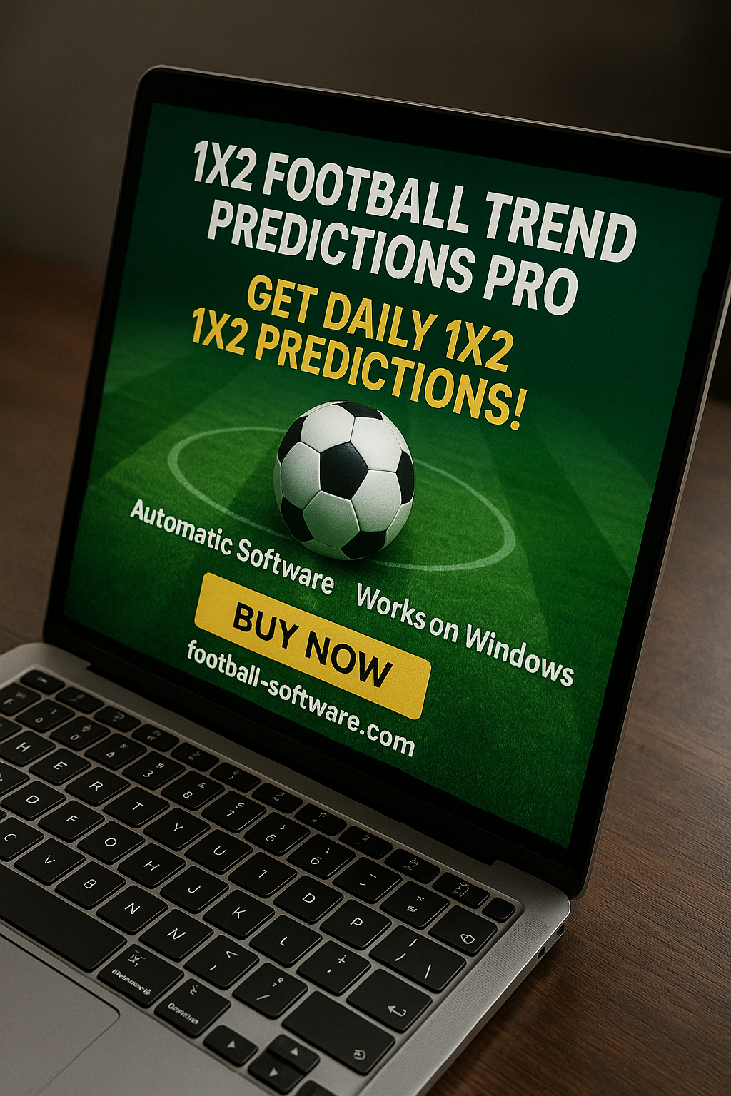 1x2 Football Trend Predictions Pro software on laptop screen with buy now option